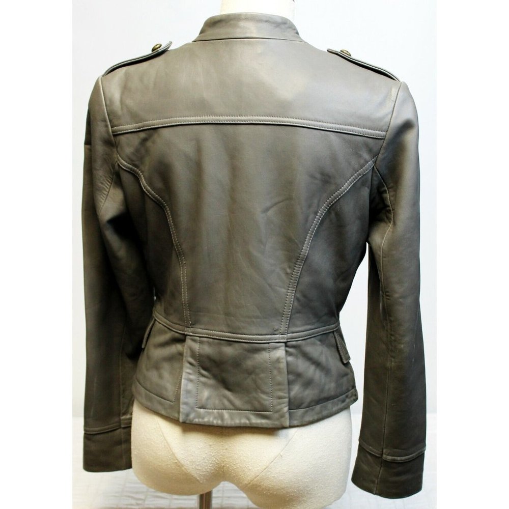 Classy Women's Gray Leather Military Style Jacket by Michaela Fur - Picture 4 of 11
